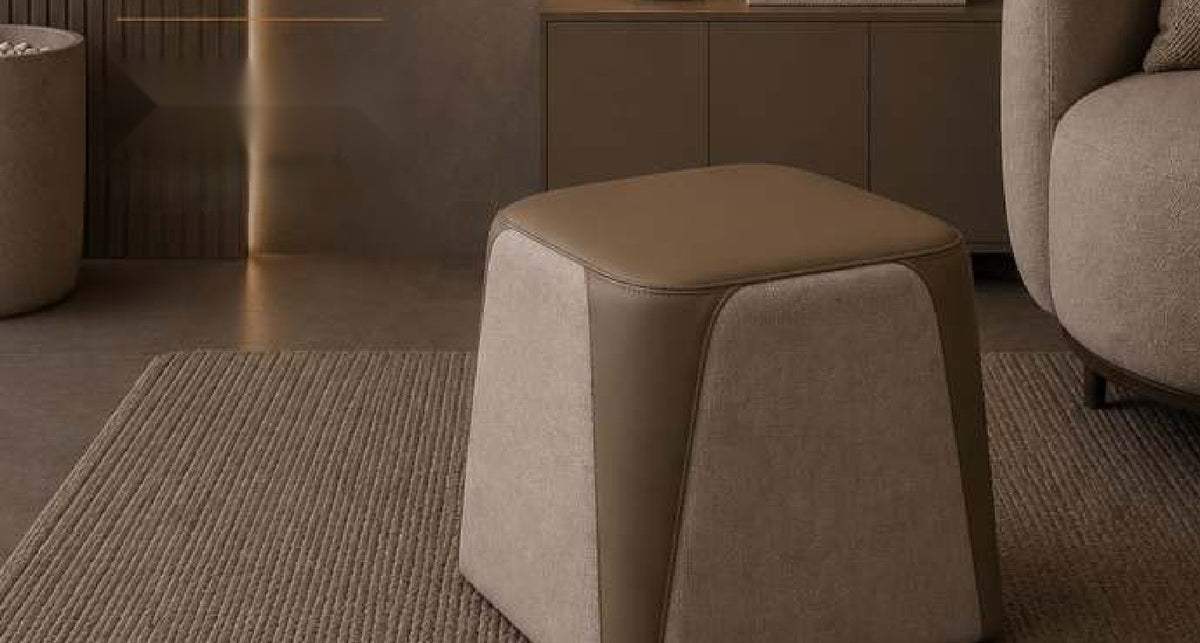 Lume Geometric Cube Stool with Leather Trim in Taupe Beige – Divine Chairs PUFFY Collection