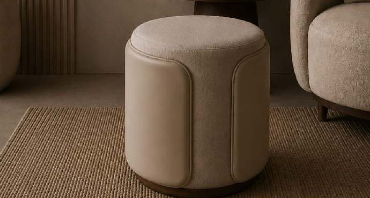 Vibe Panelled Pouf with Wood Base Ring in Cream – Divine Chairs PUFFY Collection