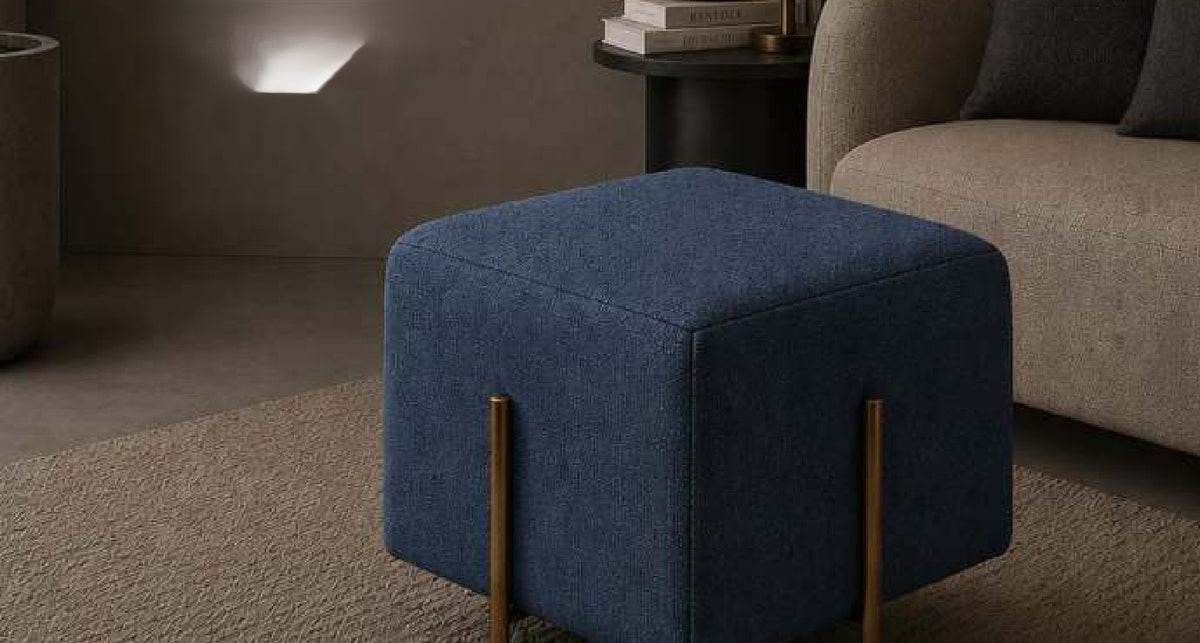 Vitro Cube Pouf with Brass Rod Legs in Navy Blue – Divine Chairs PUFFY Collection