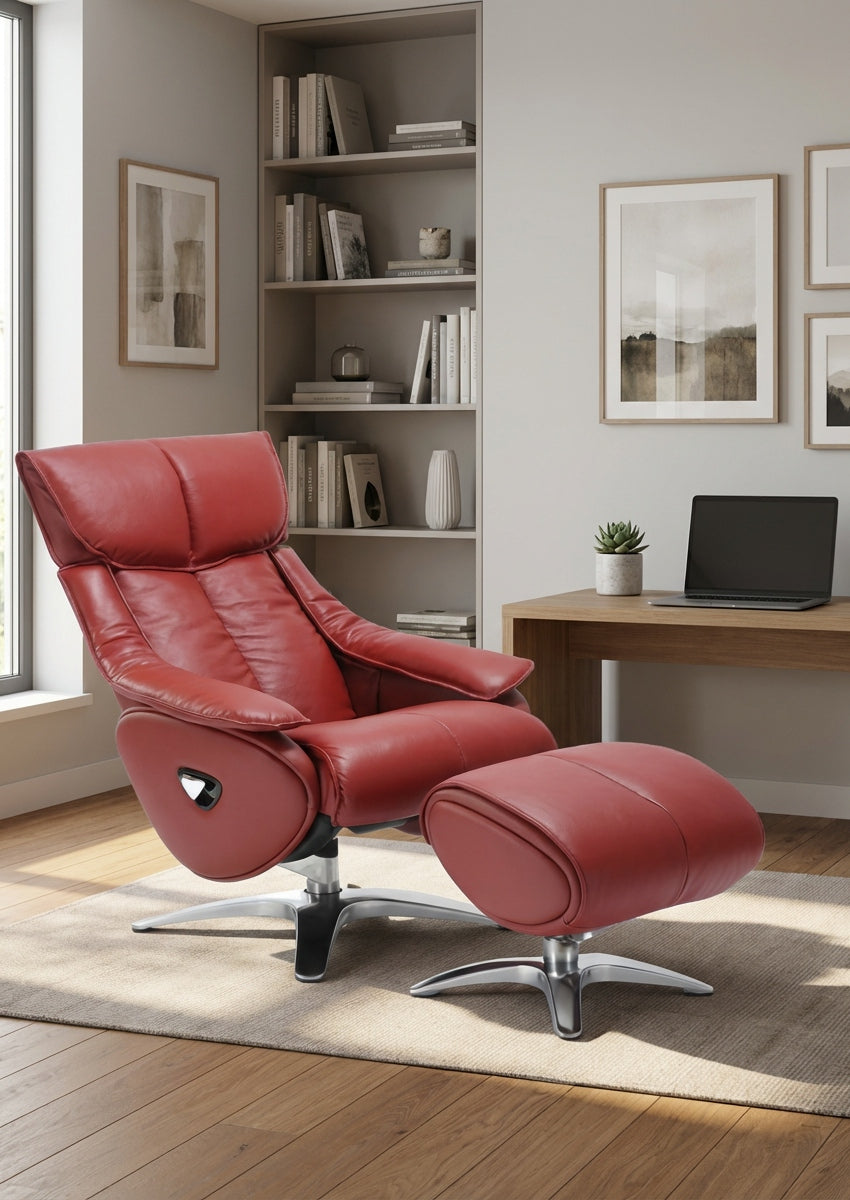 Creta Leather Recliner with Matching Ottoman in Red, Grey, Tan – Divine Chairs RECLINER Collection