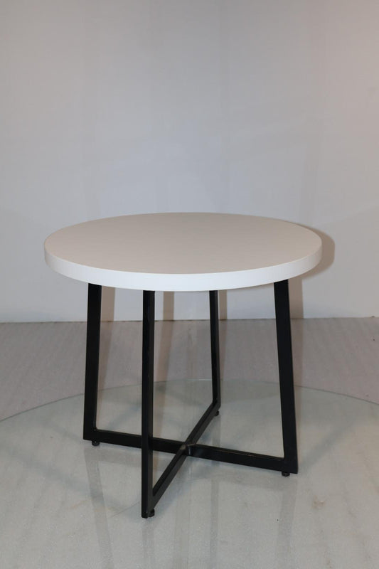Round White-Top Table with Cross-Leg Base in White Top with Black Base – ZLOFY Furniture