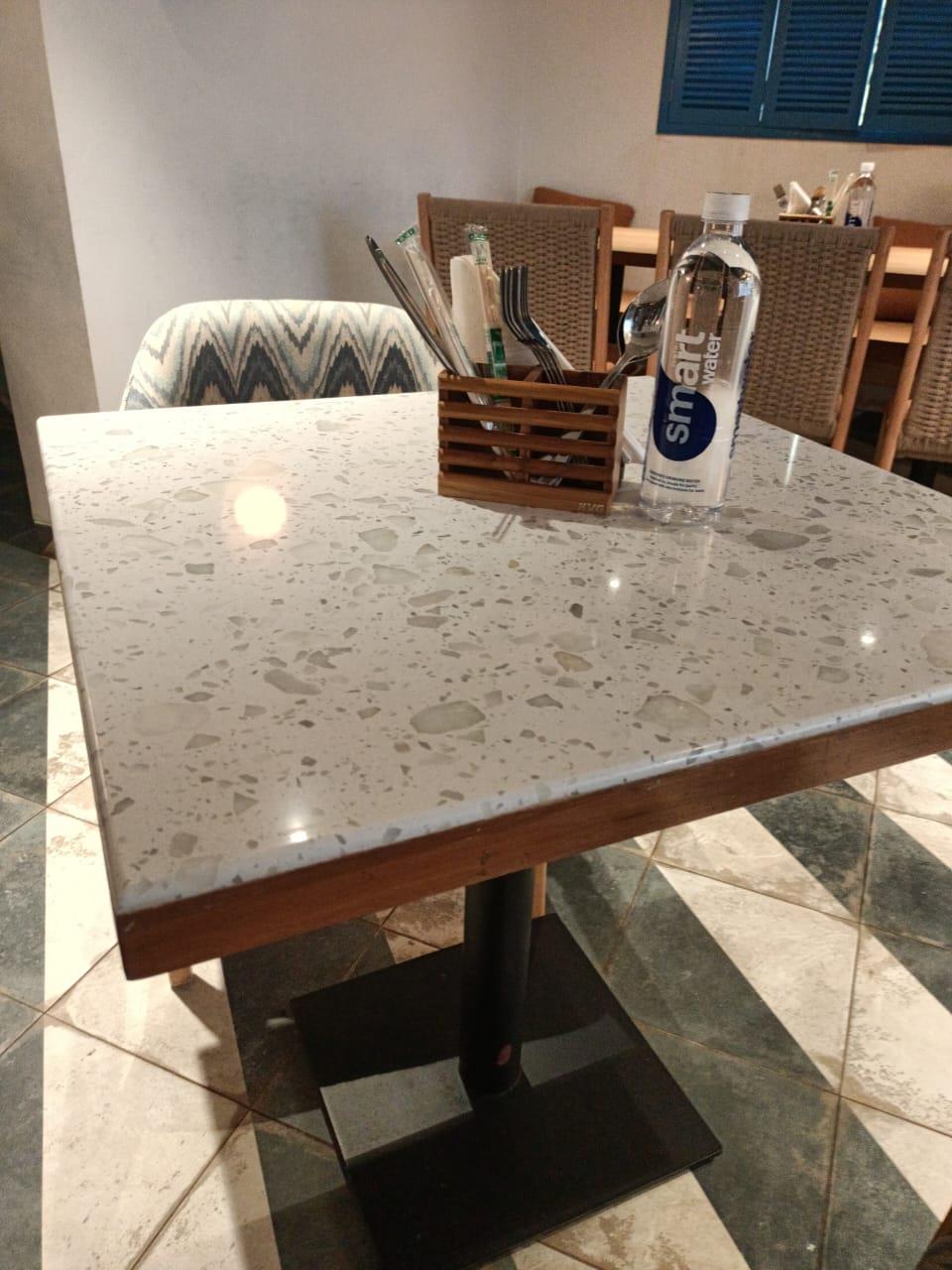 Terrazzo-Top Cafeteria Table in White & Grey Terrazzo with Wood Edge – ZLOFY Furniture