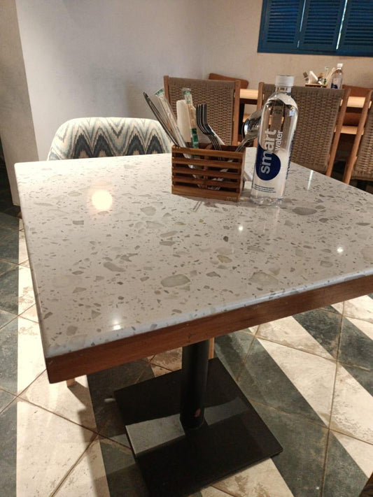Terrazzo-Top Cafeteria Table in White & Grey Terrazzo with Wood Edge – ZLOFY Furniture