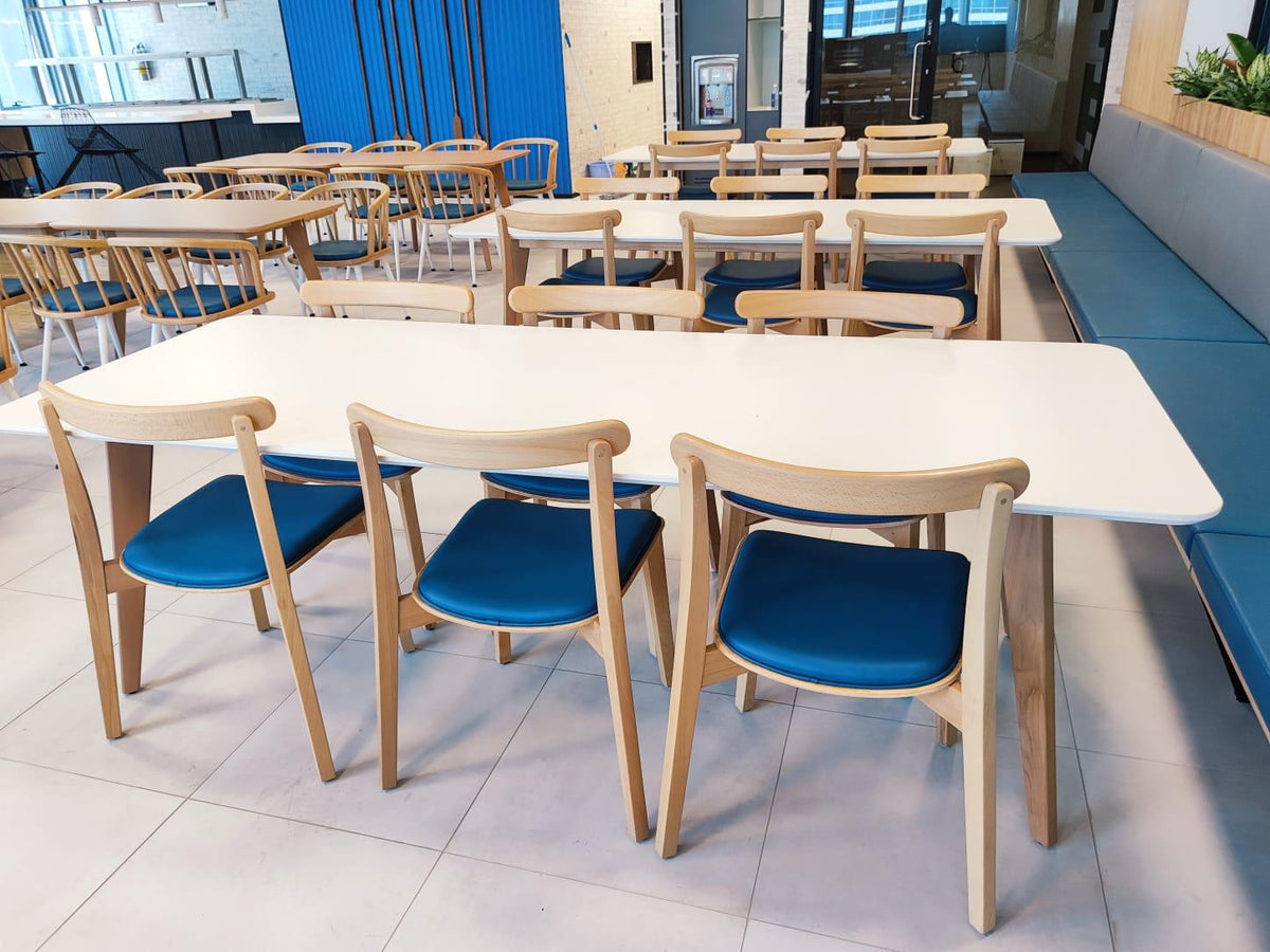 White-Top Wood-Frame Cafeteria Table & Chair Set in White Top with Natural Wood Frame & Blue Seats – ZLOFY Furniture