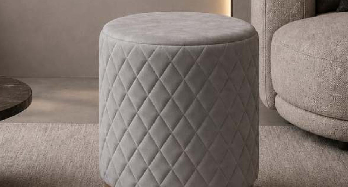 Astro Diamond-Quilted Pouf with Brass Ring in Grey – Divine Chairs PUFFY Collection