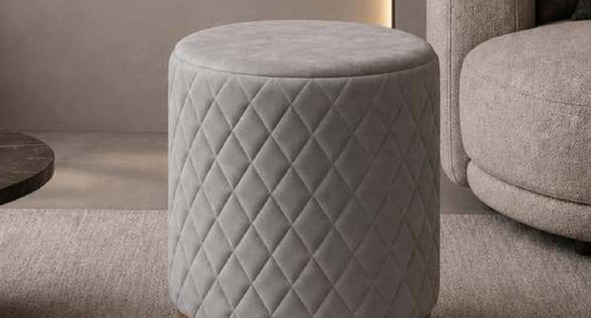 Astro Diamond-Quilted Pouf with Brass Ring in Grey – Divine Chairs PUFFY Collection