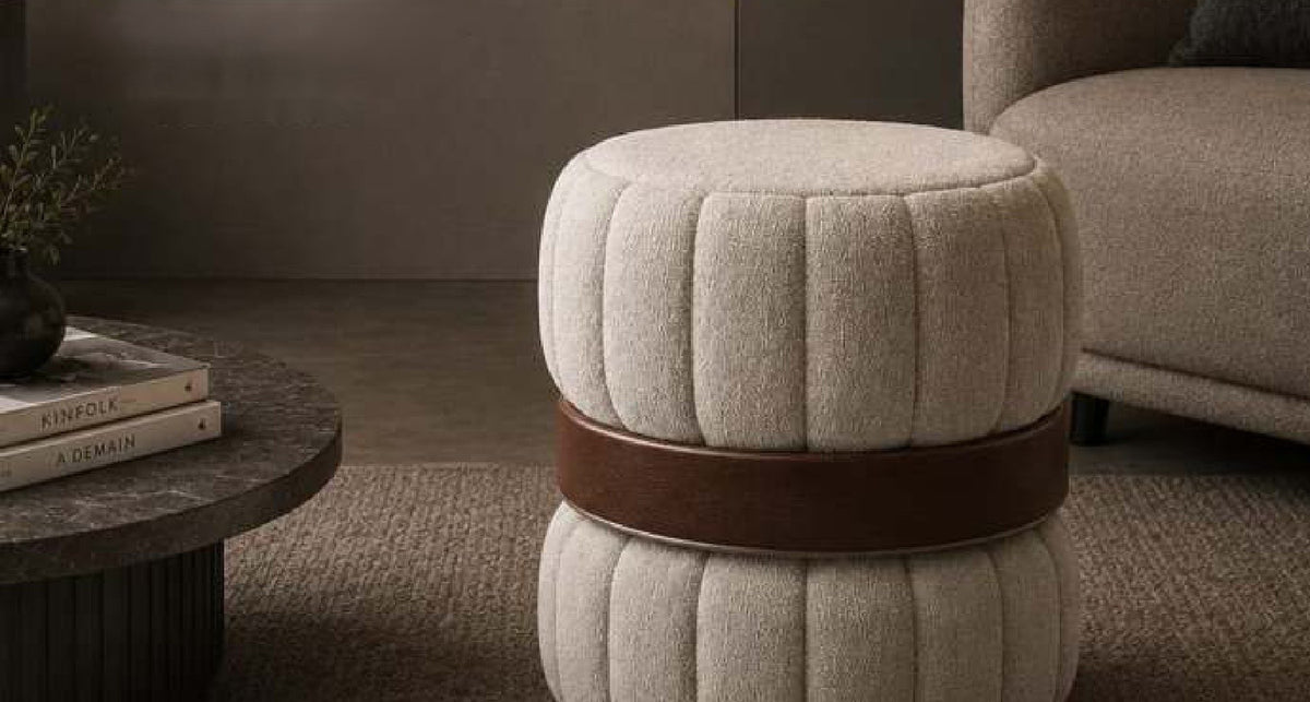 Dior Channel-Ribbed Hourglass Pouf in Cream with Brown Leather Belt – Divine Chairs PUFFY Collection