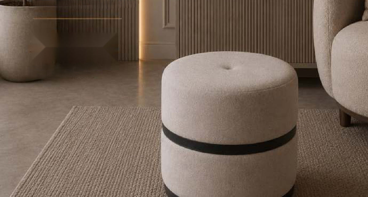 Drift Button-Top Pouf with Black Band in Beige with Black Accent Band – Divine Chairs PUFFY Collection