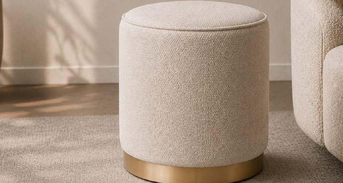 Gold Round Pouf with Brass Base Ring in Cream – Divine Chairs PUFFY Collection