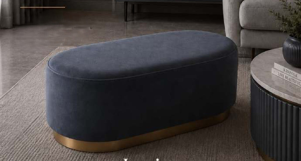 Louis Oval Bench with Brass Base in Navy Blue – Divine Chairs PUFFY Collection