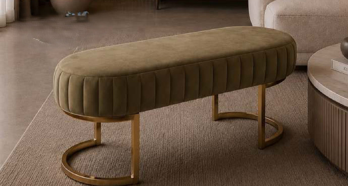 Majesty Channel-Tufted Bench with Brass Legs in Olive Green – Divine Chairs PUFFY Collection