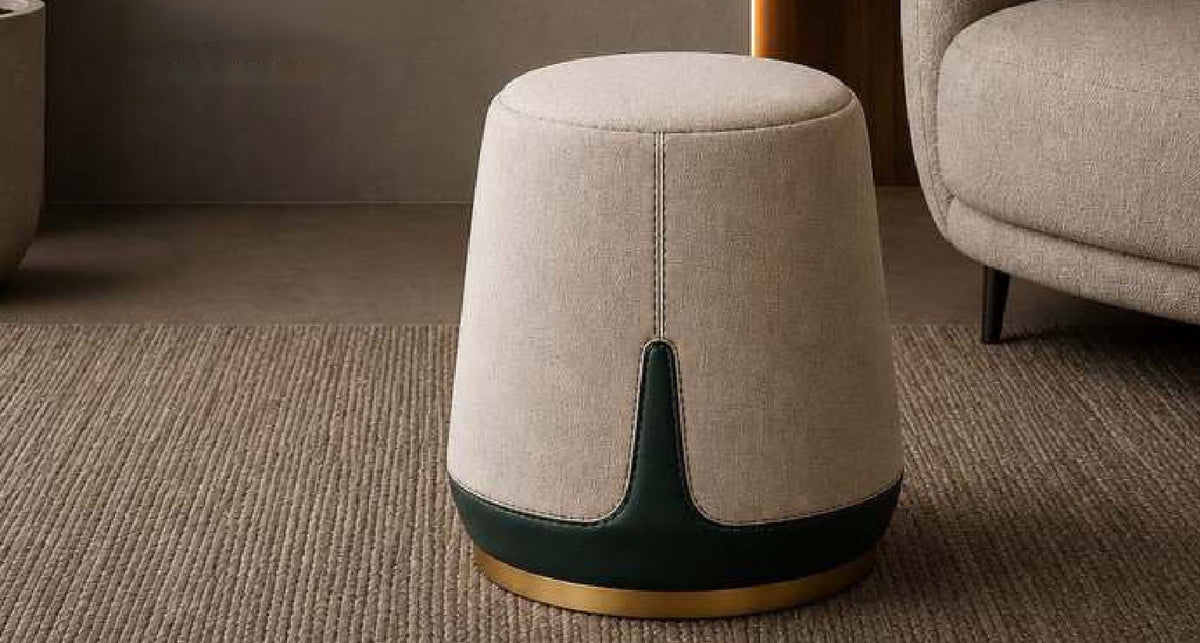 Merry Two-Tone Pouf with Brass Base Ring in Beige with Forest Green Base – Divine Chairs PUFFY Collection
