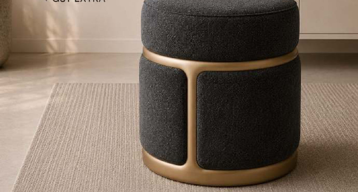 Opal Velvet Pouf with Brass Ring in Charcoal Grey – Divine Chairs PUFFY Collection