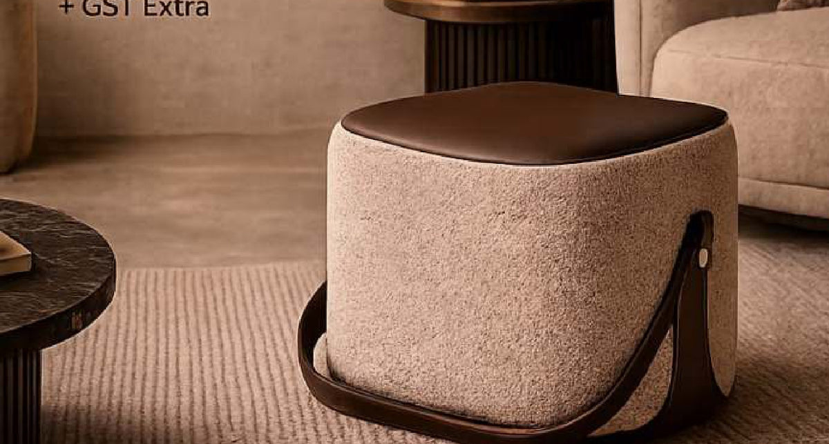 Torry Boucle Cube Ottoman with Leather Strap in Beige with Brown Leather Top – Divine Chairs PUFFY Collection