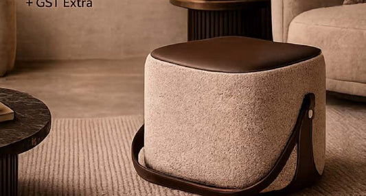 Torry Boucle Cube Ottoman with Leather Strap in Beige with Brown Leather Top – Divine Chairs PUFFY Collection
