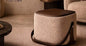 Torry Boucle Cube Ottoman with Leather Strap in Beige with Brown Leather Top – Divine Chairs PUFFY Collection