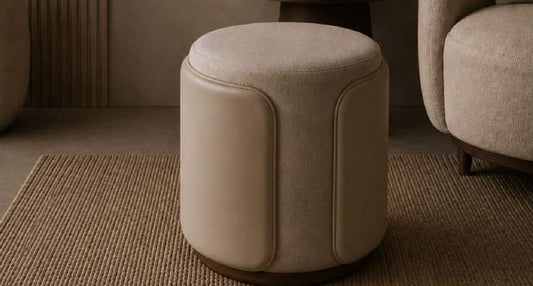 Vibe Panelled Pouf with Wood Base Ring in Cream – Divine Chairs PUFFY Collection