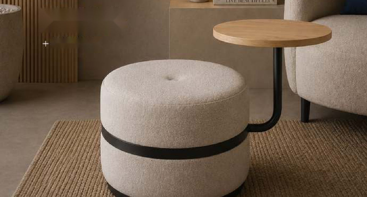 Zoya Pouf with Attached Side Table in Cream with Black Band – Divine Chairs PUFFY Collection